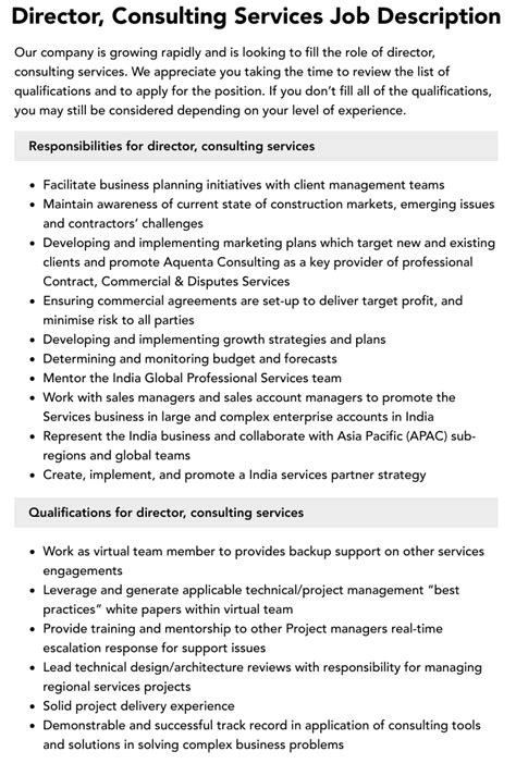 Director Consulting Services Job Description Velvet Jobs