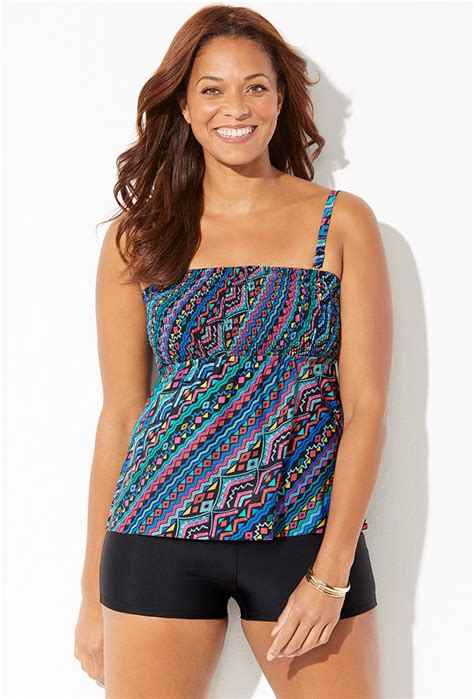 Plus Size Broadwater Smocked Bandeau Tankini With Boy Short