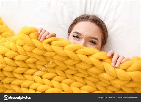 Happy Young Woman Warm Plaid Lying Bed Top View Stock Photo by ©serezniy 421846966