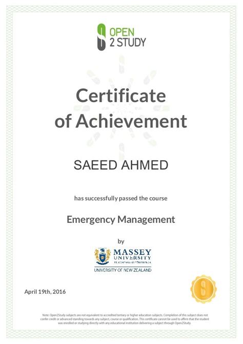 Certificate - Emergency Management by Massey Uni