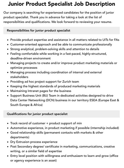 Junior Product Specialist Job Description Velvet Jobs