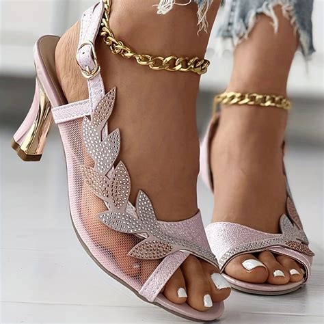 Women S Rhinestone Mesh High Heels Peep Toe Buckle Strap Slingback