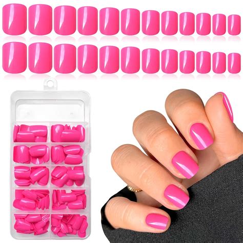 Luckforever Short Press On Nails 240pc Glossy Hot Pink Press On Nails Short Square