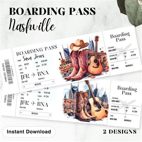 Printable And Editable Nashville Tennessee Surprise Boarding Pass Ticket Trip Ticket To