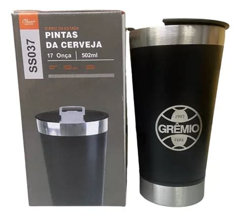 Copo Caneca Térmico Grêmio Café Inox C Tampa Abridor 473ml Cor Preto