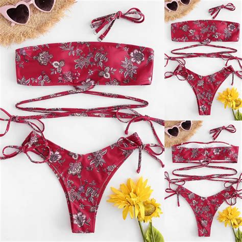 2020 New Women Flower Print Tube Top Two Pieces Bikini Set Swimwear