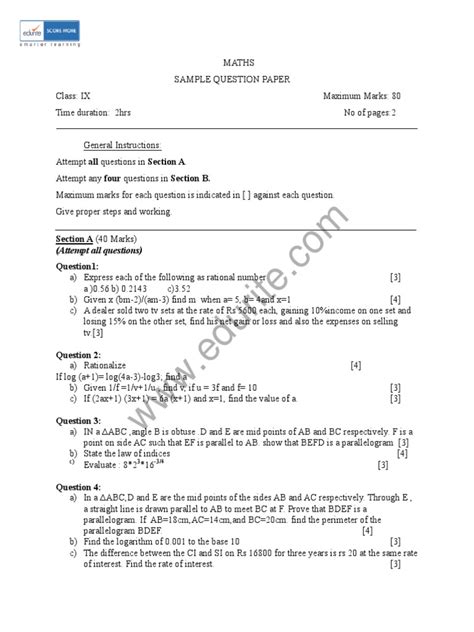 Icse Class 9 Maths Sample Paper Pdf Pdf Geometric Shapes