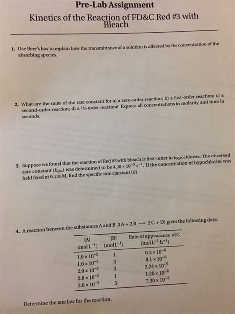 Solved Pre Lab Assignment Kinetics Of The Reaction Of FD C Chegg