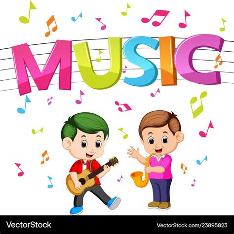 Word music with kids playing guitar and saxophone Vector Image