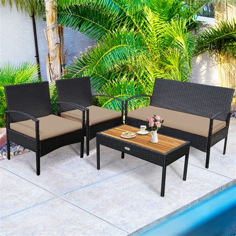 Winston Porter Ensemble de conversation en rotin avec coussins 4 pièces