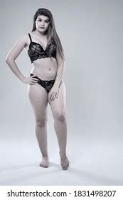 Plus Size Glamour Model Black Lingerie Stock Photo