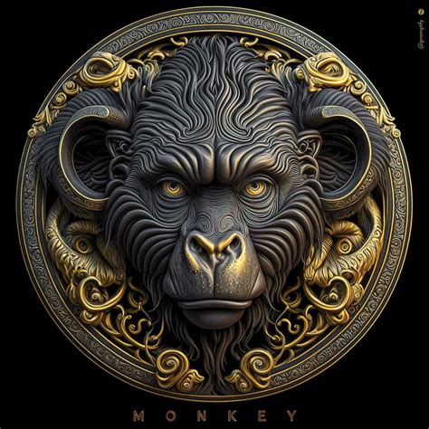 the monkey is depicted in an ornate gold and black circle on a black ...