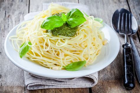 Spaghetti With Pesto Sauce And Basil Stock Photo Image Of Cereal