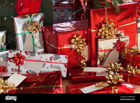 Picturesque View Of Beautifully Wrapped Christmas Presents Stock Photo