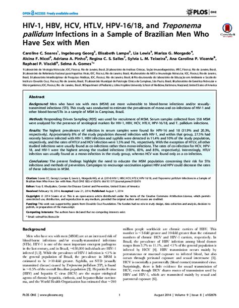 Pdf Hiv 1 Hbv Hcv Htlv Hpv 1618 And Treponema Pallidum