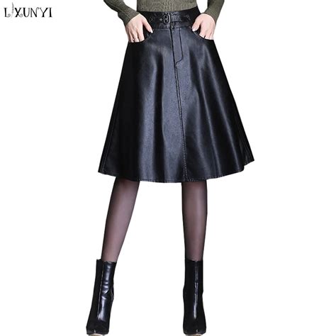 Lxunyi Ladies Black Leather Skirt Women Autumn Winter A Line Pu Skirt