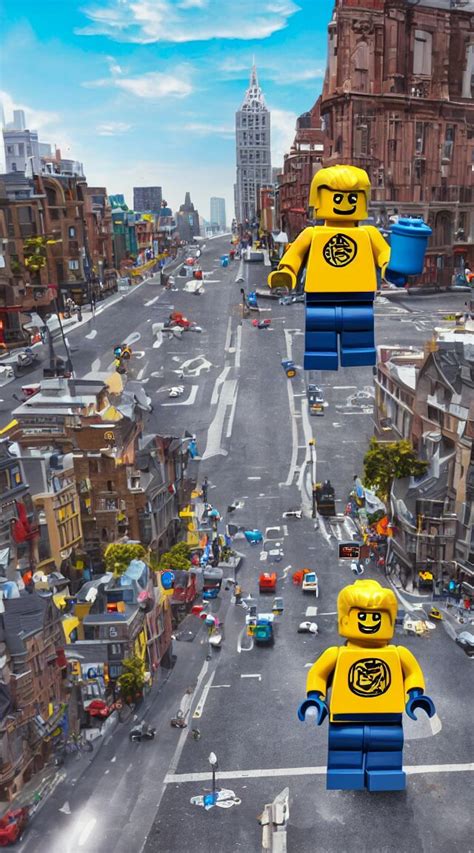 Hyperrealistic Giant Enormous Lego Minifigure Walking Over City