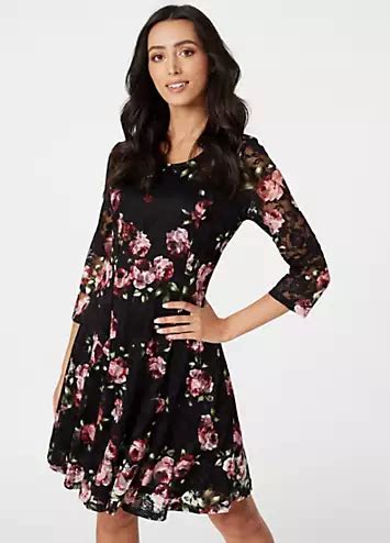 Black Floral Lace Three Quarter Sleeve Skater Dress By Izabel London