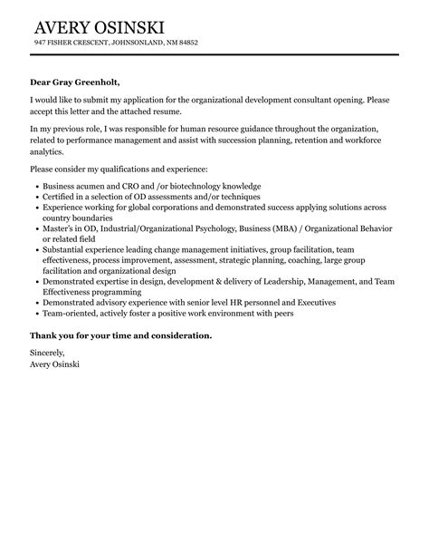 Organizational Development Consultant Cover Letter Velvet Jobs