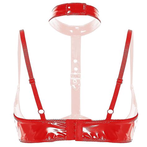 Otwoo Womens Wet Look Bra Lingerie Halter Neck Open Lingerie Bralette Underwear Open Cups Wire