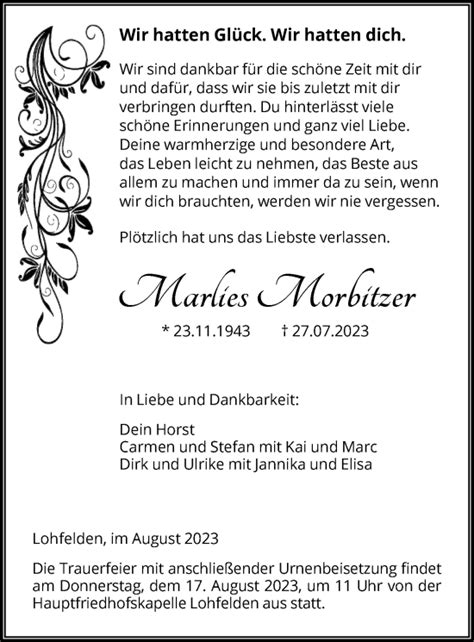 Traueranzeigen Von Marlies Morbitzer Trauer HNA De