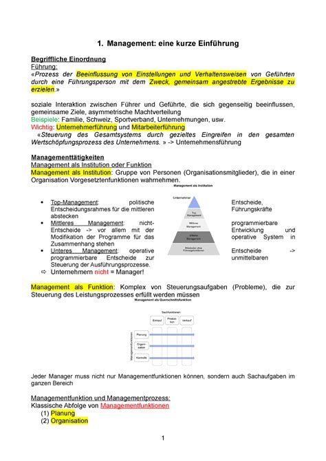 Zusammenfassung Management Management Eine Kurze Einf Hrung