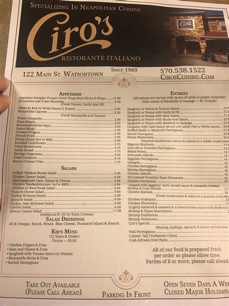 Menu At Ciros Pub And Bar Watsontown