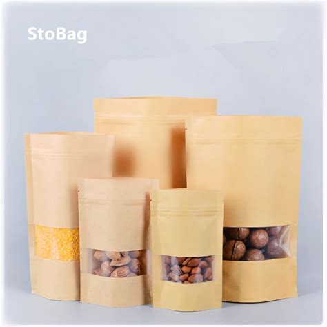 StoBag 50pcs Transparent Window Kraft Paper Ziplock Bags Food Dry Goods