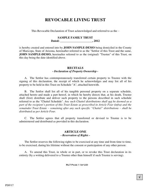 Joint Revocable Trust Sample Pdf Template