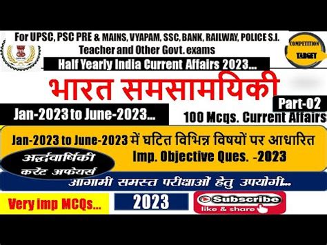 Half Yearly India Current Affairs Jan 23 June 23 PART 02 Top 100 MCQs