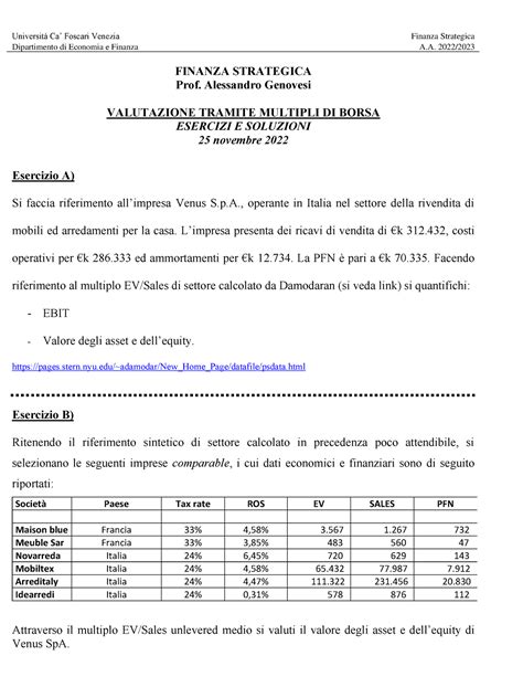 Esercizi Multipli Nov Con Soluzioni Universit Ca Foscari