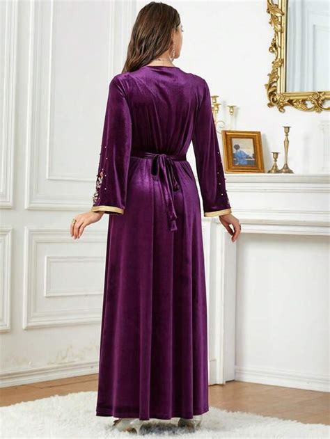 Floral Embroidery Contrast Trim Belted Velvet Kaftan Shein Usa