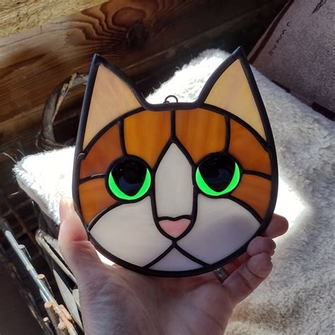 Stained Glass Cat Face Ginger Amber White With Green Eyes Suncatcher Etsy