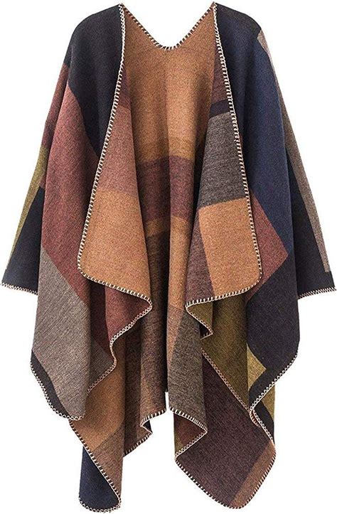 Women Plaid Shawls And Wraps Winter Poncho Cape Soft Cashmere Cloak