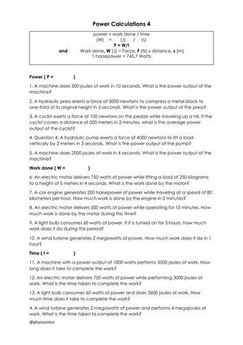 Worksheets Power Energy Time Calculations Teaching Resources