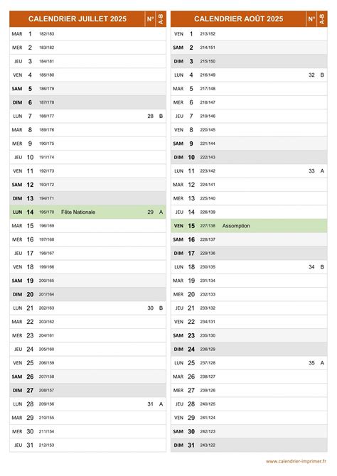 Calendrier Juillet et Août 2025 à imprimer