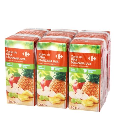 Zumo de piña manzana y uva Carrefour pack de 6 briks de 20 cl