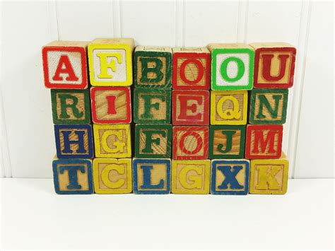 Wood Alphabet Blocks 24 Vintage Bright Wooden Building Blocks Etsy