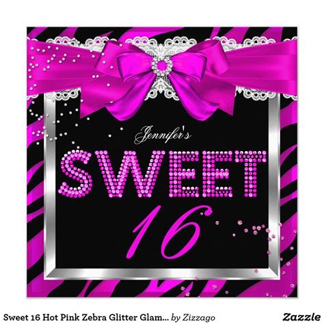 Sweet 16 Hot Pink Zebra Glitter Glam Birthday Invitation Sweet Sixteen Birthday