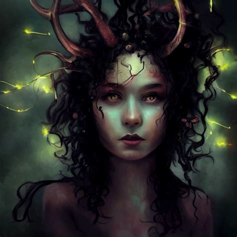 Female Forest Spirit With Horns Curly Hair Glowing Midjourney