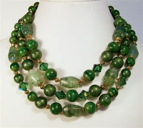 Vintage Green Art Glass Bead Necklace Multi Strand Aurora Etsy Glass Bead Necklace Beaded