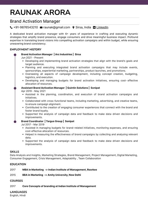 Sample Resume of Brand Activation Manager with Template & Writing Guide