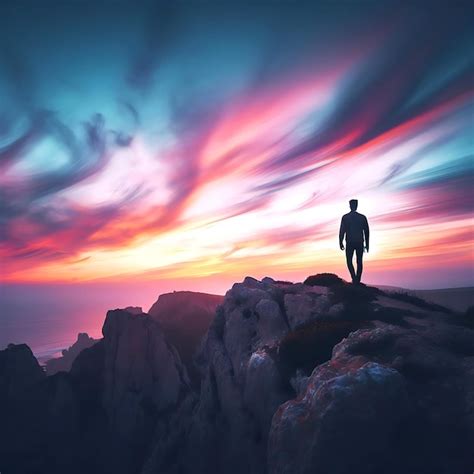 Premium Photo A Man Stands On A Cliff In Front Of A Colorful Sky Ai