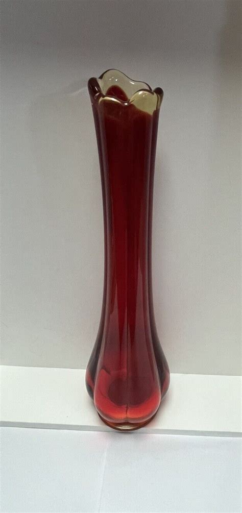 Vintage Red Amberina Art Glass Ribbed Swung Fingered Bud Vase 8” Tall Ebay