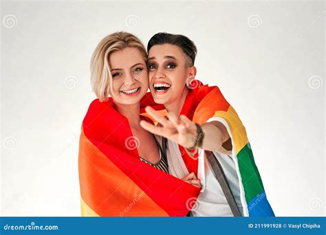 Photo Of Cute Pretty Lesbians Couple Ladies Celebrate Parade Show