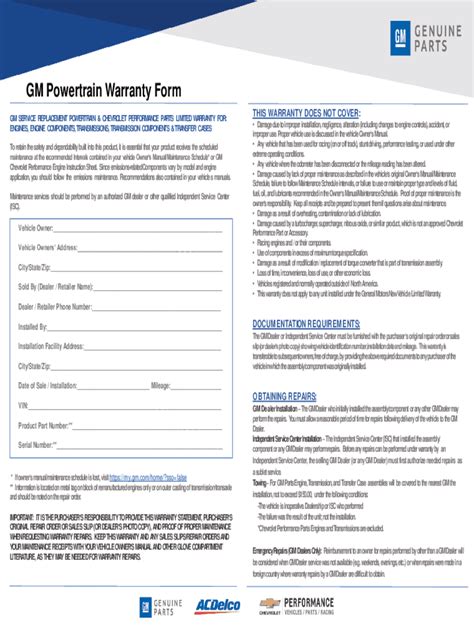 Fillable Online GM LIMITED WARRANTY FOR GM Powertrain Warranty Form