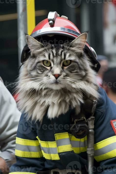 Araffe Cat Wearing A Firemans Helmet And Jacket Generative Ai