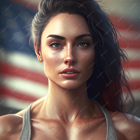 Premium Ai Image American Beautiful Fit Female Model With American Flag On The Background