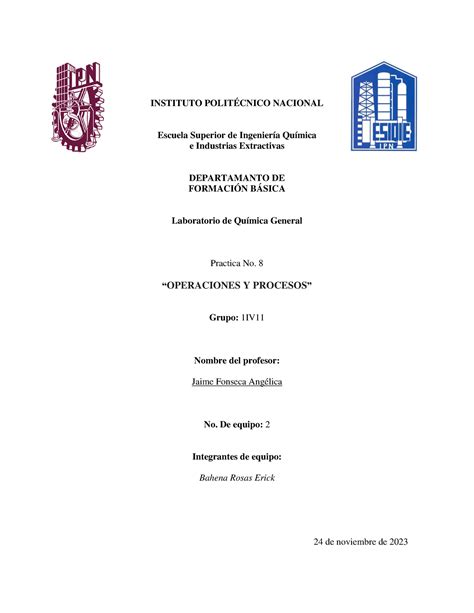 Pract No 8 Operaciones Unitarias y Procesos INSTITUTO POLITÉCNICO