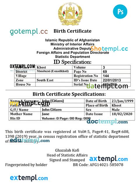 Afghanistan Vital Record Birth Certificate Editable Psd Template Version